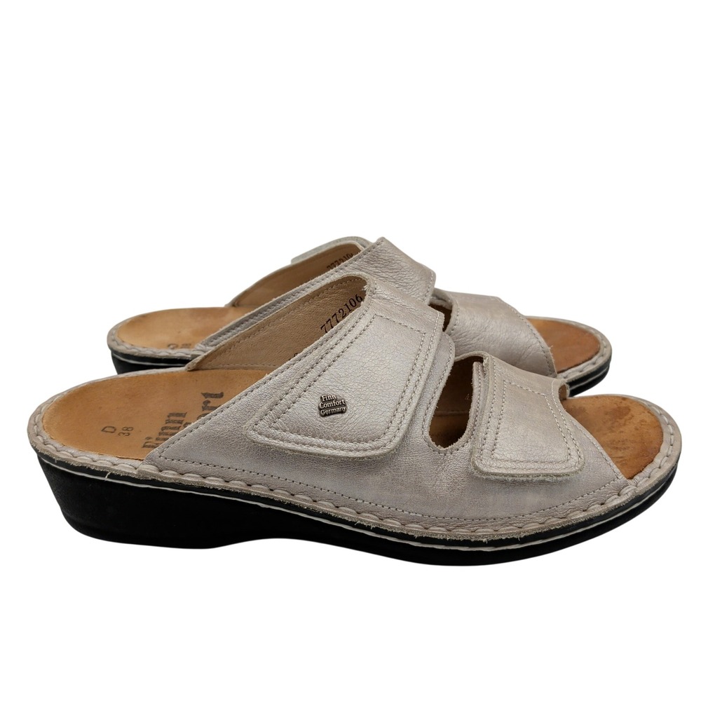 Finn Comfort Jamaika Metallic‎ Silver Leather Slide Sandals 38 Germany Jamaica